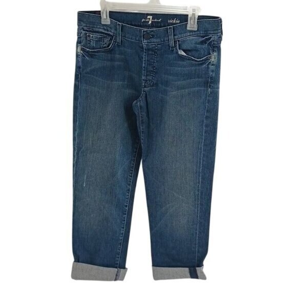 7 For All Mankind Womens Size 28 Rickie Cropped Jeans Blue Denim Cuffed Straight - Picture 1 of 7